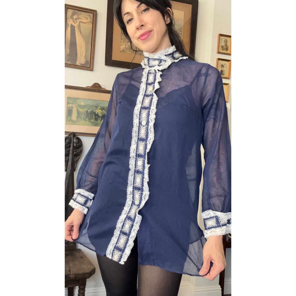 Vintage Sheer Navy Blue Lace Trim Button Up Blouse Long Sleeve mod victorian